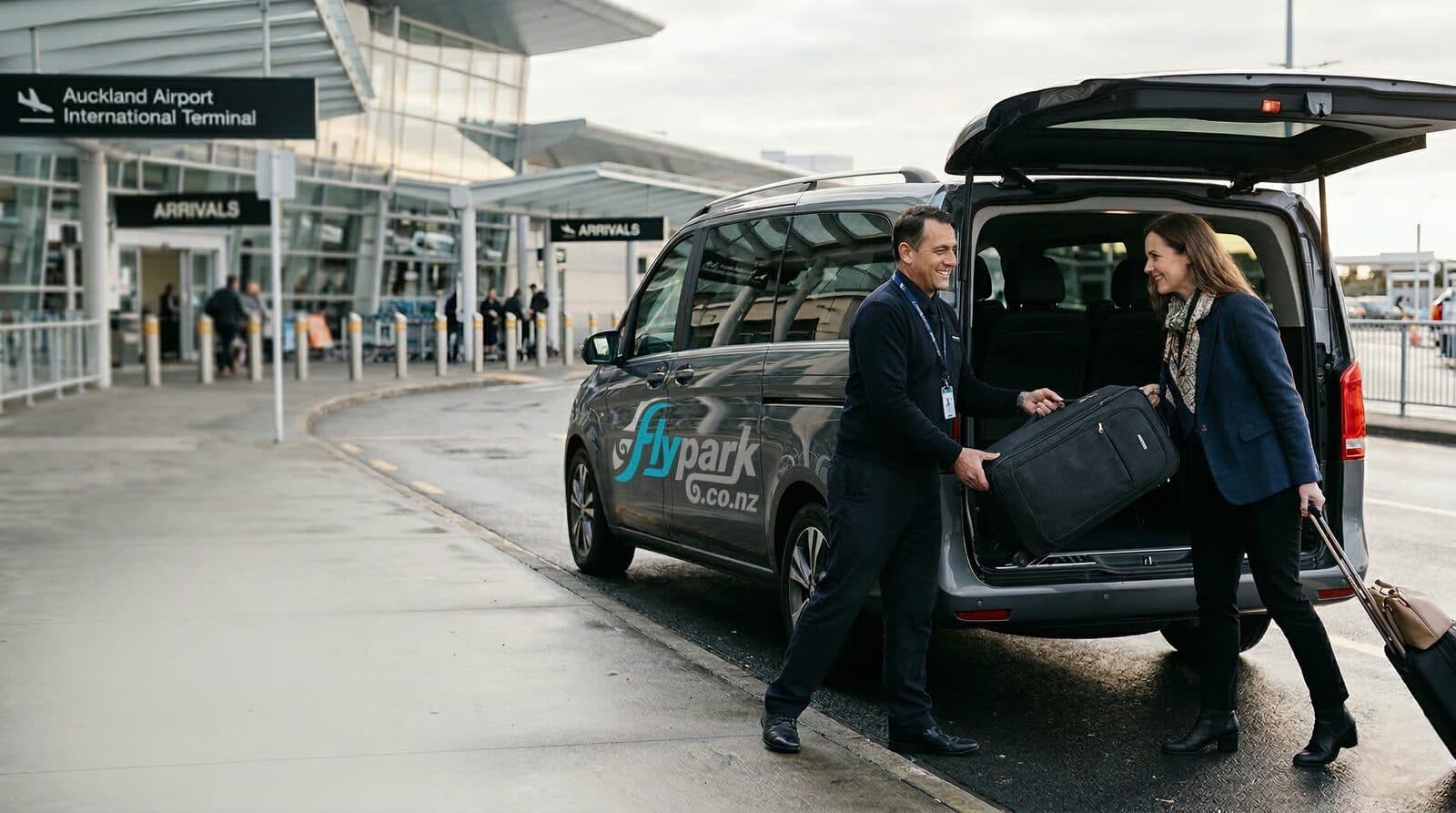 Flypark shuttle transfer at airport pickup zone